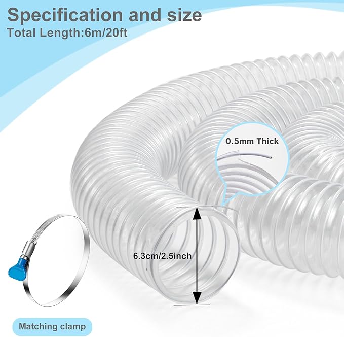 2 1/2 x 20’ Heavy Duty PVC Clear Flexible Dust & Fume Collection Hose with Carbon Steel Wire Coil, Puncture Resistant Hoses for Collectors