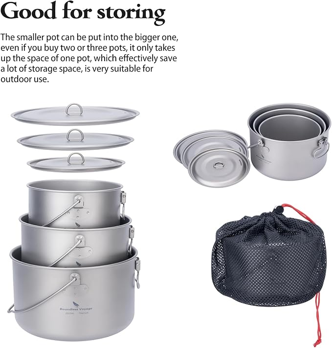 iBasingo 3-Piece Titanium Pot Set (1.3L+1.95L+2.9L) with Lids Ultralight Camping Cookware for Backpacking, Hiking & Outdoor Cooking, Nesting Backpacker Pots with Measurement Marks Ti2056C