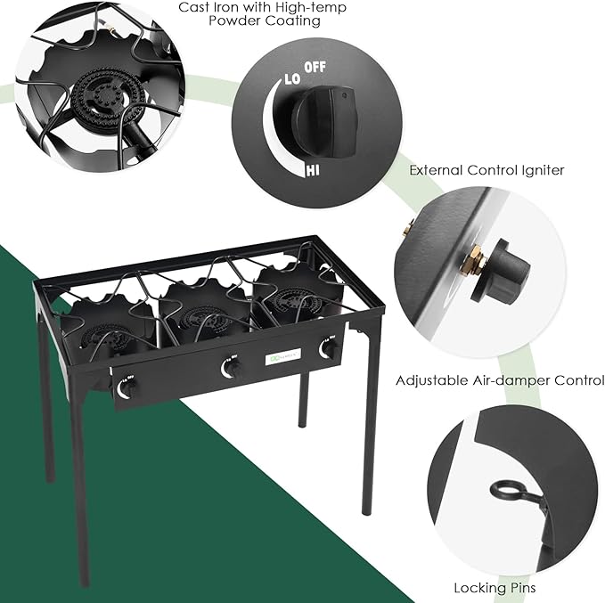 Goplus Outdoor Camping Stove, 3 Burner Propane Gas Cooker w/Detachable Legs & CSA Regulator & 0-20 PSI Regulator for Camp Patio RV, Cast Iron, 225,000-BTU