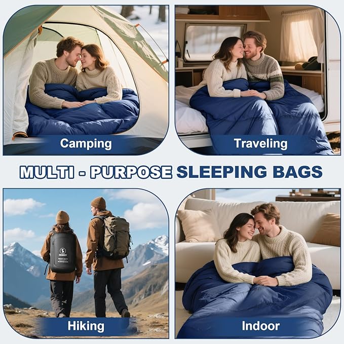 0 Degree Flannel Double Sleeping Bag for Adults, Couples or Family - Winter Queen Size Waterproof & Warm 2-Person Sleeping Bag for Cold Weather Camping, RV Travel