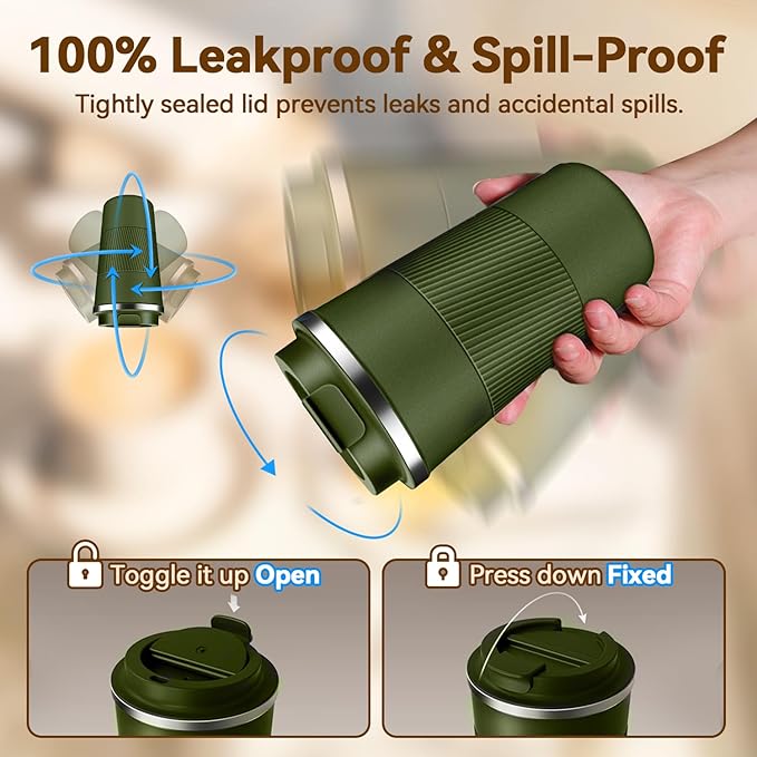 17OZ Travel Coffee Mug Insulated Coffee Cup with Spill Leak Proof Lid, Portable Stainless Steel Tumbler Reusable Hot and Cold Water Mug for Car, Daily, Camping- Military Green