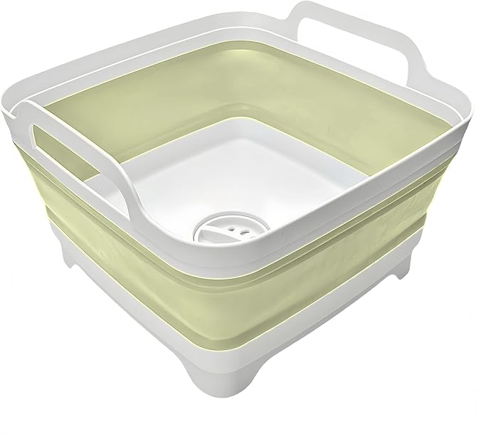 Collapsible Wash Basin 9L, Foldable Dish Tub with Drain Plug, Portable Collapsible Dish Basin, Camping Sink for Washing Dishes, Laundry & Kitchen Use (Green)