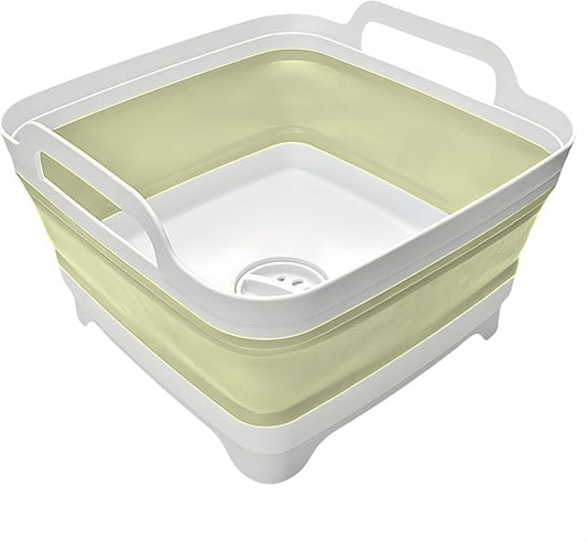 Collapsible Wash Basin 9L, Foldable Dish Tub with Drain Plug, Portable Collapsible Dish Basin, Camping Sink for Washing Dishes, Laundry & Kitchen Use (Green)