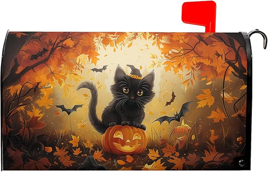 Halloween Cat Magnetic Mailbox Covers Spooky Kitten Pumpkin Waterproof Letter Box Cover Large Size Fall Maple Leaf Forest Bat Decorative Holiday Post Wraps for Home Garden Yard Outdoor 25.5x21 Inch