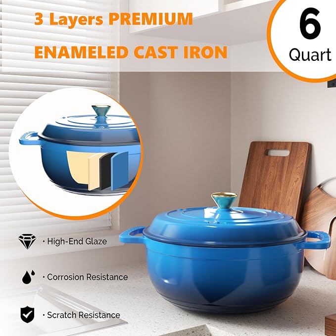 BONNLO 6QT Round Dutch Oven, Enameled Cast Iron Dutch Oven Pot with Lid & Dual Handles, Oven Safe Up to 500° F, for Sourdough, Bread Baking, Stews and Roasting (Blue)