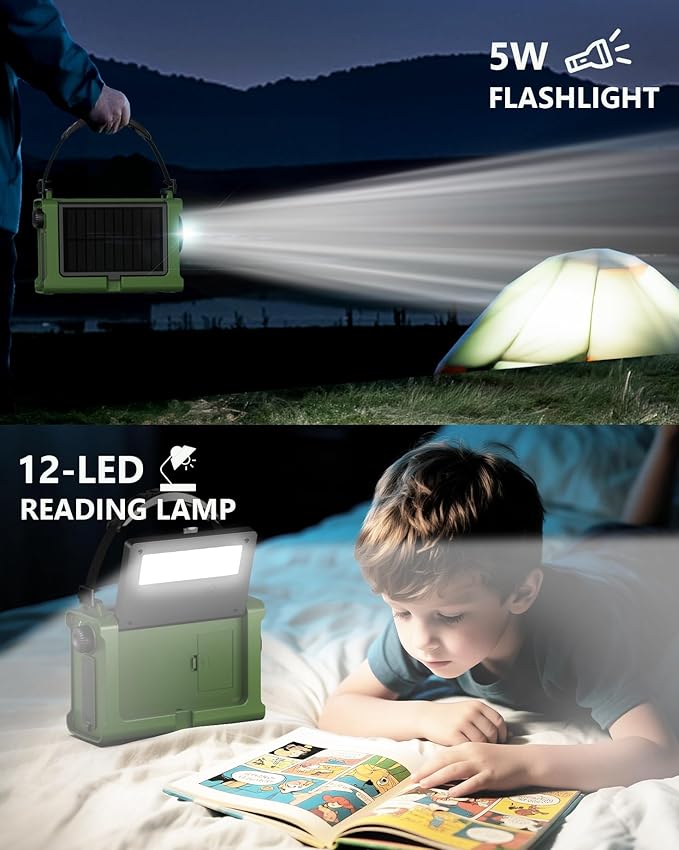 Emergency Weather Radio with Large Solar Panel, Efficient Hand Crank & Real 12000mAh Battery | AM/FM/NOAA Bands, LED Flashlight, Reading Lamp, SOS Alarm & Phone Charger for Camping & Emergencies