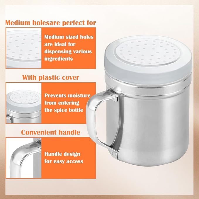 2Pcs Metal Salt Pepper Dredge Shakers, Stainless Steel Pepper Shaker Seasoning Jar With Handle, With Hole And Cover, Suitable For Pepper, Cinnamon And Coffee Spice Jars (Medium-10OZ)