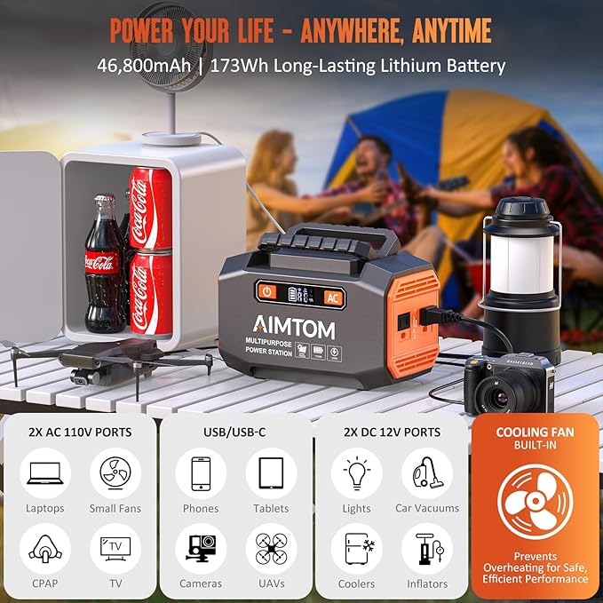 AIMTOM 200W Portable Power Station with 30W Solar Panel Bundle – 173Wh Lithium Battery, 250W Peak AC, USB-A, USB-C and 12V DC Outputs, High-Efficiency Solar Generator for Camping RV Emergency Backup