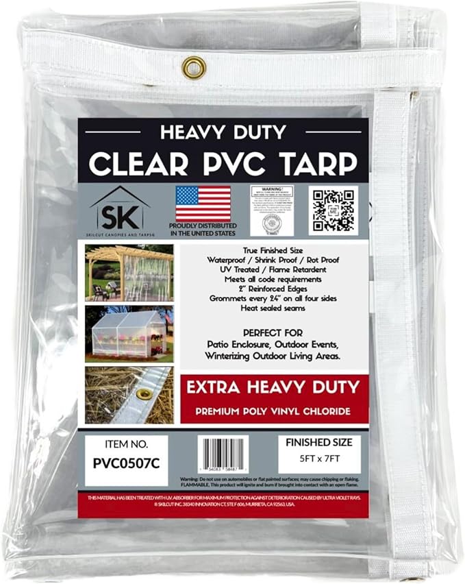 24mil Clear PVC Vinyl Heavy Duty Tarp Enclosure Panel - True Size, UV Protection, Tear Resistant, Waterproof Tarp with Arctic Flexibility 6x12