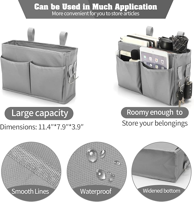 Bunk Bed Organizer, Bedside Caddy Hanging Bed Organizer Storage Bag with 4 Pockets and 2 Hooks, for College Dorm Rooms Bed, Hospital Bed, Baby Bed Rails, 600D Oxford Cloth (Gray)
