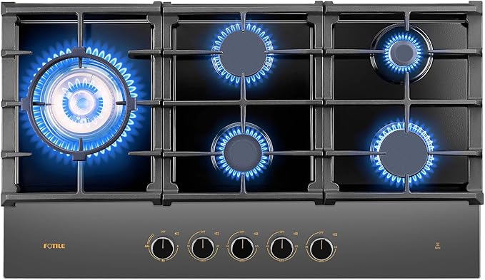 FOTILE GLG36501-Y 36” Moonshadow Grey Anti-glare Tempered Glass 5-Burner Gas Cooktop, Tri-Ring 18,000 BTUs Left Burner with Flame Failure Protection Removable Grates and Installation/LP Kit