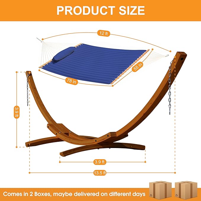 Lazy Daze Hammocks 12 FT Double Quilted Fabric Hammock and 13 FT Brown Wooden Arc Stand, with Spreader Bar, Removable Pillow, 2 Person Hammock for Outdoor Patio Poolside, 450 lb Capacity, Navy Blue