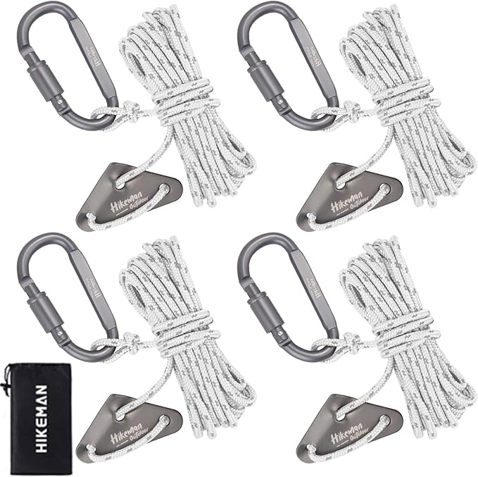 Hikeman 4 Pack Camping Rope with Locking Carabiner Clip,4mm Reflective Guy Lines with Triangular Guyline Adjuster Tensioner,Nylon Cord for Tent Tarp Tie Down,Hiking,Backpacking (White)