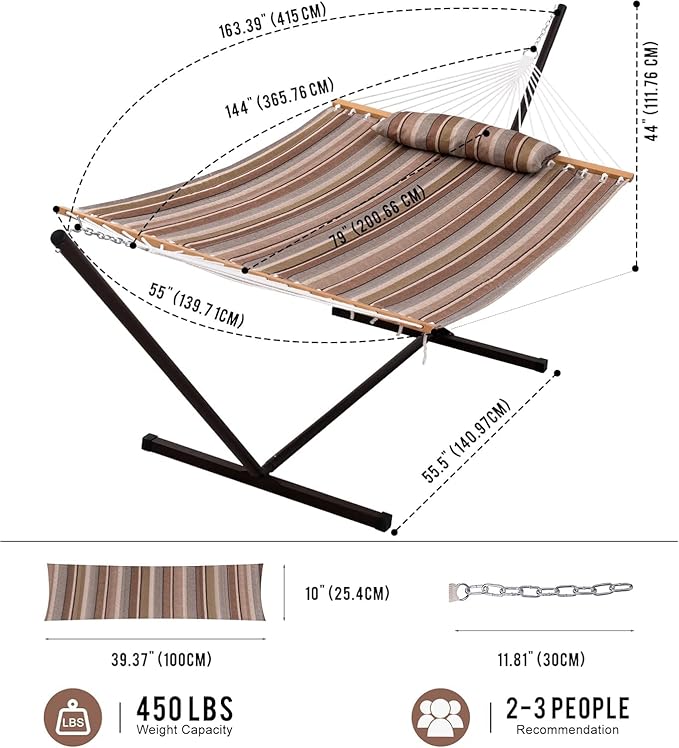 Lazy Daze Hammocks Quilted Fabric Hammock with 12 Feet Stand, 2 People Double Hammock with Stand for Outdoor Indoor Patio Garden Backyard, 450 lbs Capacity, Olive Green&Taupe Stripes