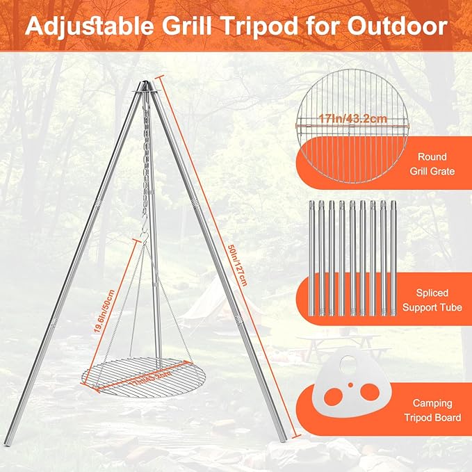 HaSteeL Camping Tripod for Outdoor, Adjustable Portable Cooking Tripod with 17”Folding Grill Grate, Stainless Steel Campfire Grill Stand Hanger for Dutch Oven Hunting Beach BBQ Fire Pit, Easy Assemble