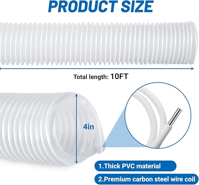 4" x 10' Heavy PVC Dust Collection Hose, Puncture Resistant PVC Dust Collection Hose with Carbon Steel Wire Coil, Flexible Clear PVC Fume Collection Hose for Dust Collectors