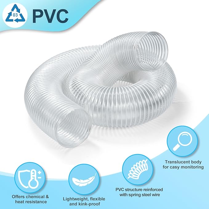 4“ x 20’ Heavy Duty PVC Clear Flexible Dust & Fume Collection Hose with Carbon Steel Wire Coil, Puncture Resistant Hoses for Collectors
