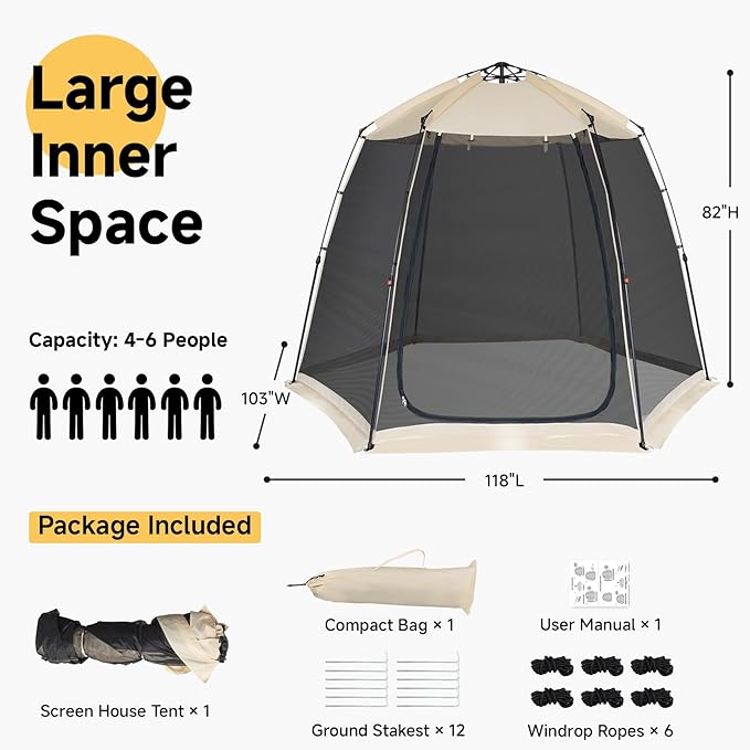 Alvantor Upgraded Screen House Gazebo, 2-4-6 Person Pop Up Screen Tent, Instant Screen Room with Carry Bag, Outdoor Mosquito Tent Camping, Sun Shade Shelter for Patio, Garden, Backyard, Deck