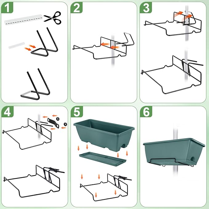 HAITRAL Railing Planter Boxes (16.9 Inch, 6 Pack) Green Plastic Deck Rail Planters for Outdoor Plants, Hanging Window Boxes with Drainage Tray for Over Rail Porch Fence,Balcony & Home Decor