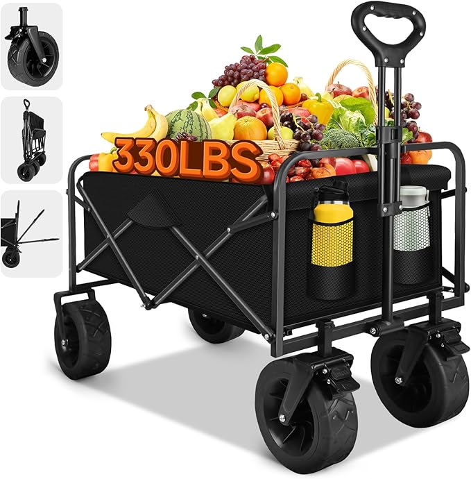 Collapsible Wagon Cart with Big Wheels, Foldable Heavy Duty Beach Cart with 330lbs Weight Capacity, 120L Portable Utility Grocery Wagon with Pocket & Brakes for Garden Sports Camping Travel Picnic