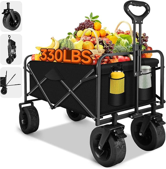 Collapsible Wagon Cart with Big Wheels, Foldable Heavy Duty Beach Cart with 330lbs Weight Capacity, 120L Portable Utility Grocery Wagon with Pocket & Brakes for Garden Sports Camping Travel Picnic