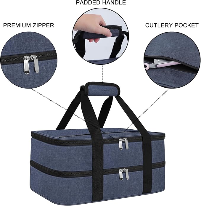 esouler Double Insulated Casserole Carrier Bag Hot & Cold Food Carrier Bag Lasagna Holder Lunch Bag for Picnics, Parties, Travel, Fits 9 x 13 Inches Casserole Dish-Blue
