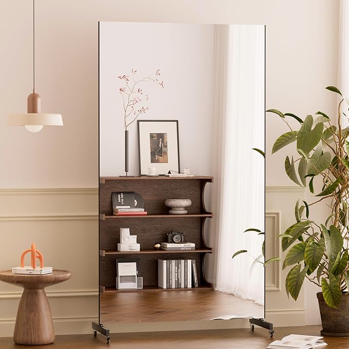 brisafe Home Gym Mirror 360° Swivel on Wheels, 75" X 43" Extra Large Nano Film Super Lightweight Unbreakable Full Length Mirror for Yoga Room, Dance Studio（ Black）