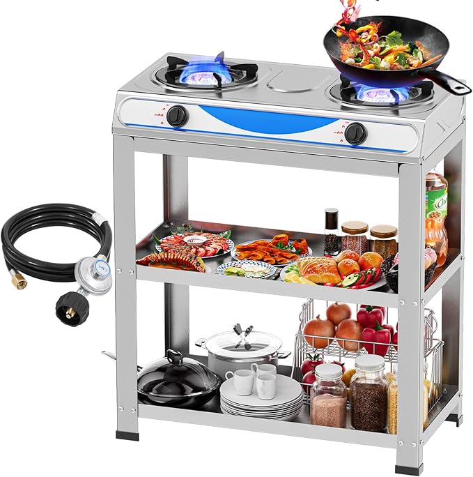 2 Burner Propane Gas Stove,19000BTU Portable Gas Stove with Support Leg Stand and Adapter Auto Ignition Camping Stove,propane burner for RV, Apartment, Outdoor Cooking