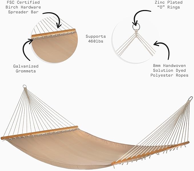 Fab Habitat Solid Recycled Polyester Hammock - Fargo - Khaki - Indoor/Outdoor, Quick Dry, 2 Person 460 lbs Capacity - Patio, Poolside, Backyard, Garden, Beach, Balcony - 12-14 ft Adjustable