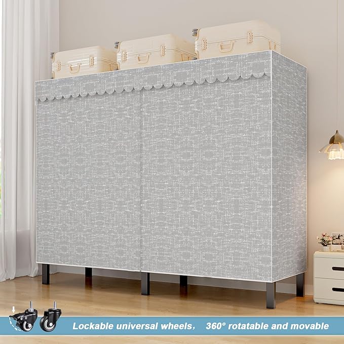 FPIGSHS Heavy Duty Clothes Rack with Zipper Cover 2000LBS Foldable Portable Wardrobe Closet for Hanging Clothing Rolling Garment Rack on Wheels for Bedroom Closet System (E(Gray Cover, 71in)