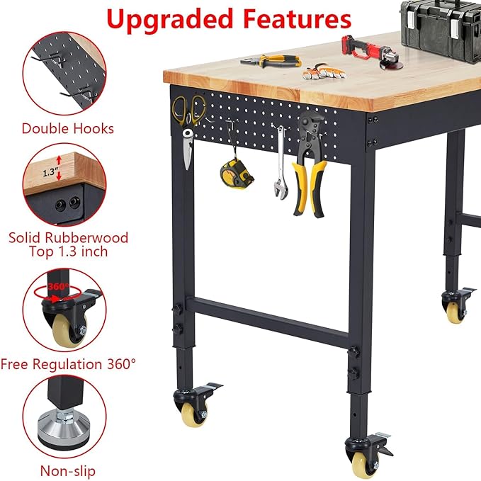 Adjustable Workbench,72" x 25" Heavy-Duty Rubber Wood Shop Table with 28.3-38.1 Inches Height Adjustment,2000 LBS Load Capacity,Garage Workbench with Power Outlets & Lockable Wheels