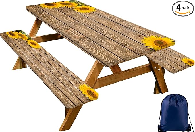 CAPSCEOLL Picnic Table Cover with Bench Covers Waterproof Camping Tablecloth All-Weather Outdoor Table Protector with Drawstring Bag for Camping Essentials, 72X30in, Wooden Sunflowers