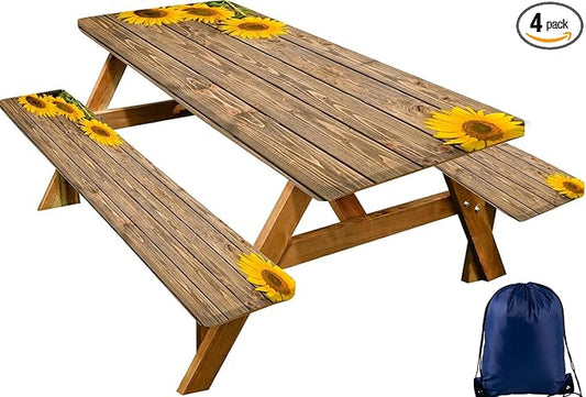 CAPSCEOLL Picnic Table Cover with Bench Covers Waterproof Camping Tablecloth All-Weather Outdoor Table Protector with Drawstring Bag for Camping Essentials, 72X30in, Wooden Sunflowers