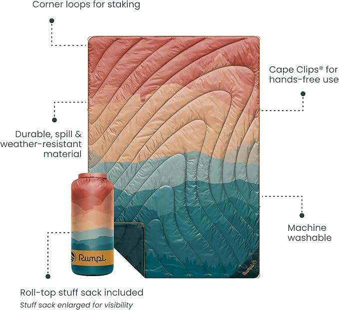 Rumpl Original Puffy Blanket - Warm, Water-Resistant Camping Blanket with 100% Recycled Synthetic Insulation, 52"x75", Original Puffy V2, Rocky Mountain Sunset Fade