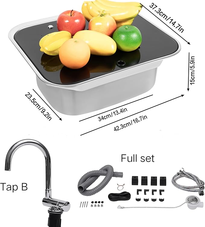 Folding RV Sink & Faucet Combo W/Lid, Bar Kitchen Sink 15 x 17 In Undermount Drop-in Sinks 304 Stainless Steel Single Bowl Workstation Sink Caravan Camper Van Boat Trailer Sink Hand Wash Basin