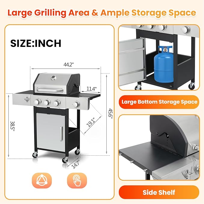 3-Burner Propane Gas BBQ Grill with Side Burner, Porcelain-Enameled Cast Iron Grates, Foldable Side Table, 37,230 BTU Stainless Steel Grill for Outdoor Camping Barbecue Grilling Backyard Cooking