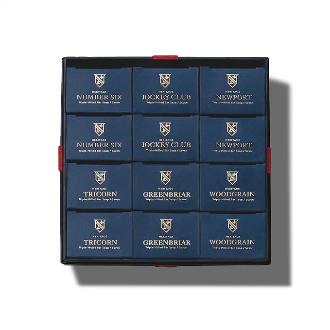 Caswell-Massey Natural Bar Soap for Men, Moisturizing Body Soap Bar for All Skin Types, Made with Essential Oils & Plant-Based Formula for Soft Skin, 4 Heritage Scents, 12 Bars x 5.8 oz Gift Set