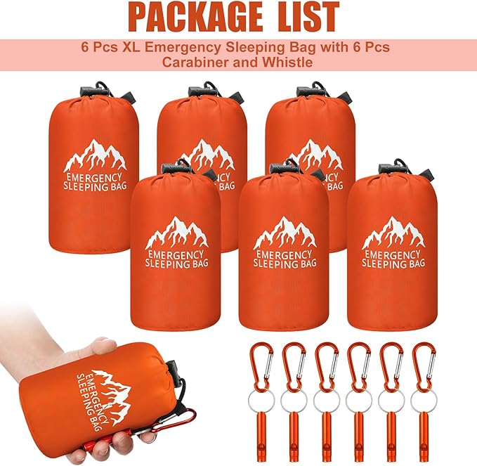 Oudain 6 Pcs XL Emergency Sleeping Bag 94.5" x 49.2" Waterproof Survival Sleeping Bag with Whistle Carabiner Portable Thermal Bivy Sack Emergency Blankets for Camping Hiking Outdoor