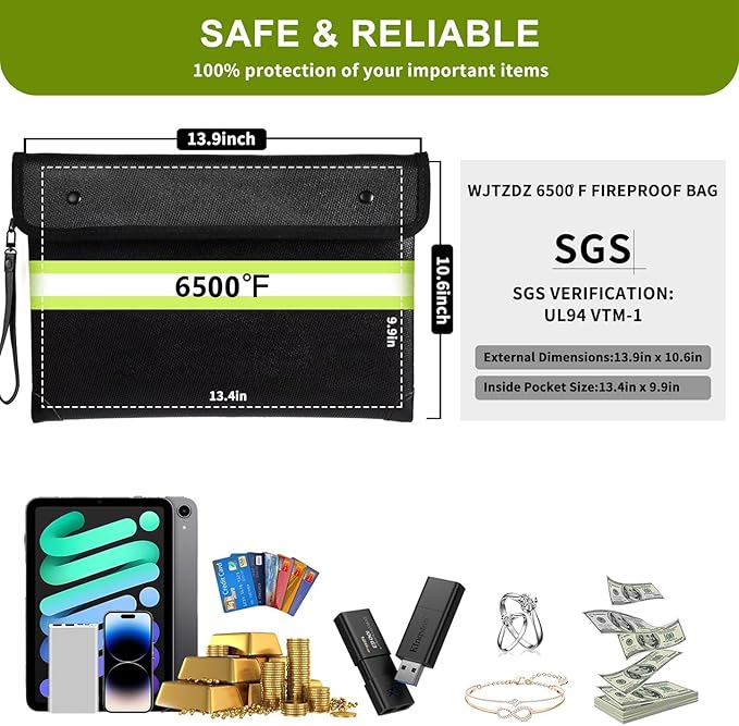 6500°F Fireproof Document Bag, Upgraded Fireproof/Waterproof Money Bag with Zipper/Reflective Strip,Storage Pouch for A4 Letter Size Document,Cash,Cell Phone,Passport