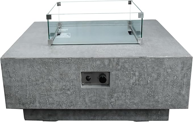 Elementi | Bundle Manhattan Gas Fire Pit Cast Concrete 36" Square Fire Table, Outdoor Fire Pit Electronic Ignition | Canvas Cover, Lava Rock Included | Light Gray (Natural Gas)