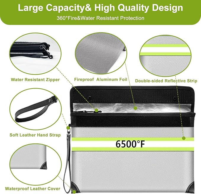 6500°F Fireproof Document Bag with Lock,Upgraded Fireproof/Waterproof Money Bag with Zipper/Reflective Strip,Storage Pouch for A4 Letter Size Document,Cash,Cell Phone,Passport