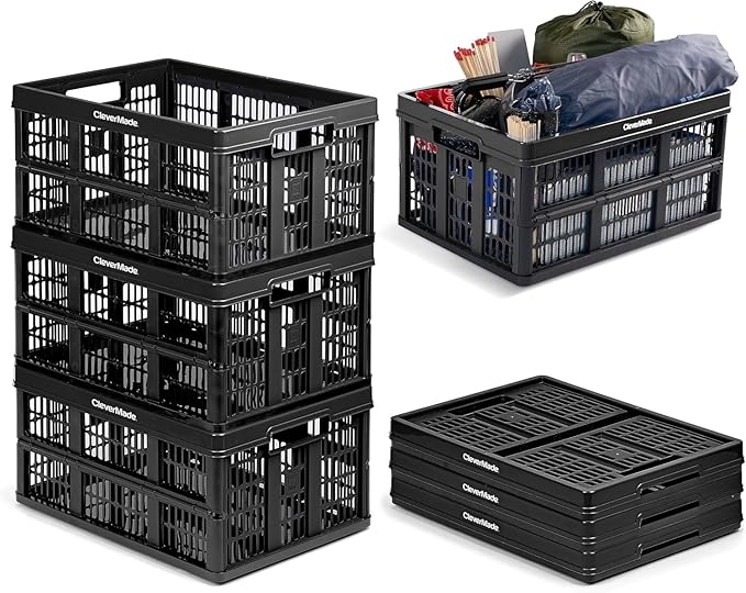 CleverMade Collapsible Utility Crates-Obsidian 1pck 45L / 11 Gal holds 66 lbs - Stackable Containers Heavy Duty Capacity Crates - Space-Saving Baskets