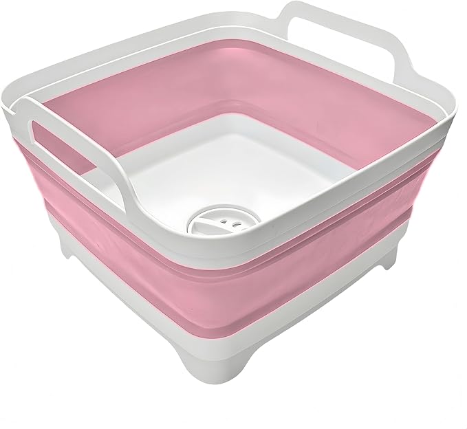 Collapsible Wash Basin 9L, Foldable Dish Tub with Drain Plug, Portable Collapsible Dish Basin, Camping Sink for Washing Dishes, Laundry & Kitchen Use (Pink)
