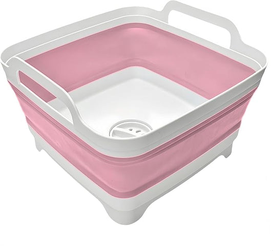 Collapsible Wash Basin 9L, Foldable Dish Tub with Drain Plug, Portable Collapsible Dish Basin, Camping Sink for Washing Dishes, Laundry & Kitchen Use (Pink)