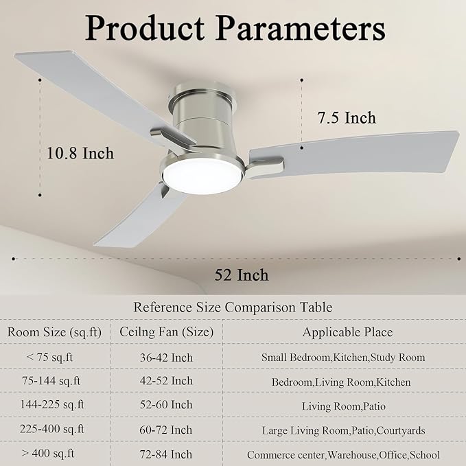 52 Inch Ceiling Fans with Lights and Remote, Brushed Nickel Low Profile Ceiling Fan with Light,Reversible,Flush Mount,6 Speeds,3CCT Dimmable,for Bedroom,Living Room,Indoor Patio