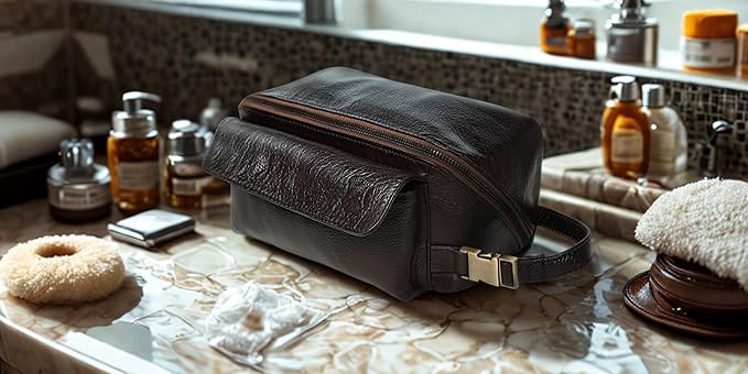 Coyote Bay® Premium Full Grain Soft Leather Makeup Bag Large 9 Inch, Travel Organizer Pouch, Shaving Kit, Cosmetics Toiletry Bathroom Organizer Kit