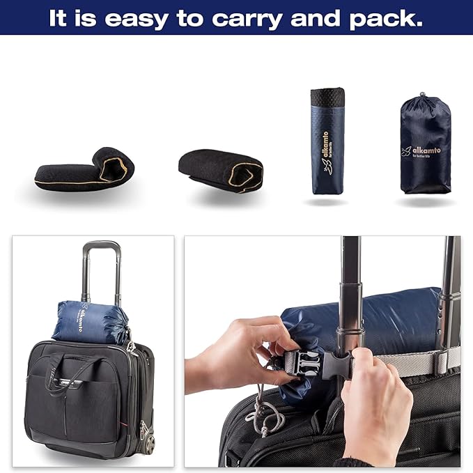 Memory Foam Pillow for Travel and Camping with Extra Cotton Cover – Easy to Carry Portable Bag (Black Contour)