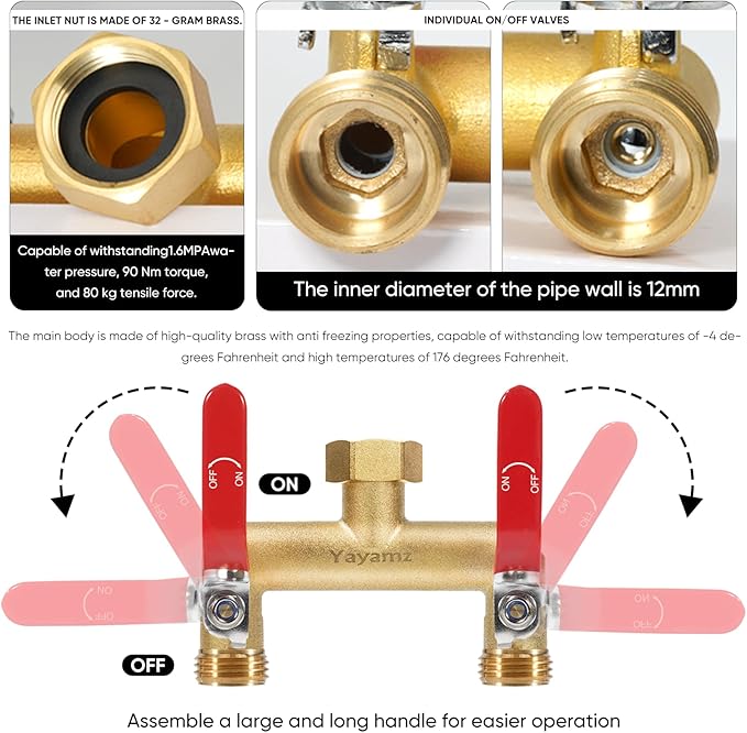 Garden Hose Splitter, 3/4” Rust and Freeze Resistant Outdoor Hose Manifold with 2 green Extra Long Handles Faucet Adapter-Heavy Duty Brass 2-Way Valve