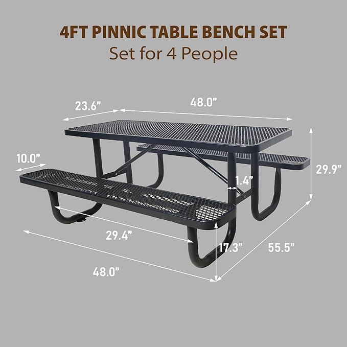 4FT Metal Picnic Tables for Outdoors, Commercial Rectangular Picnic Table and Bench Set for Outside, Patio, Garden, Backyard, Porch, Surface Mount, Black