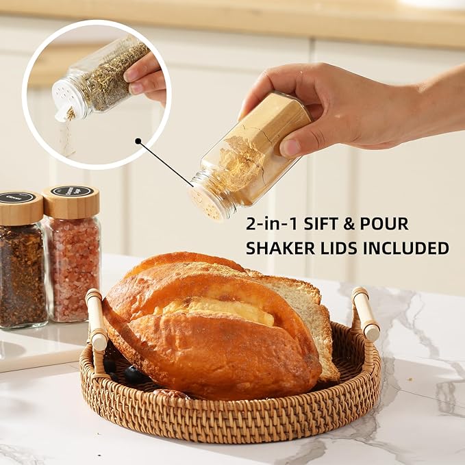 4 oz Glass Spice Jars with Bamboo Lids, Clear Empty Jars with Labels Stickers, Collapsible Funnel, Seasoning Storage Bottles for Spice Racks (24 Pack)